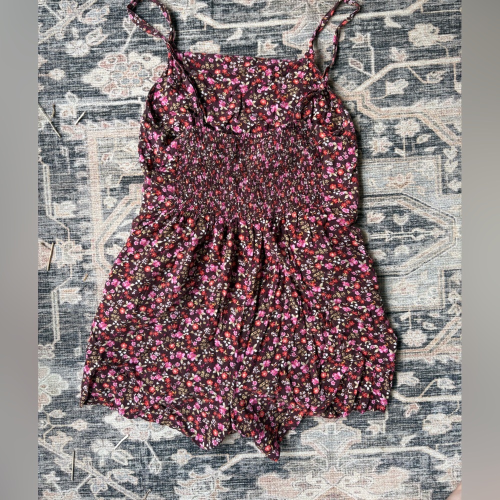 Old Navy Floral Romper in Brown with Pink & Red Flowers - Picture 2 of 3